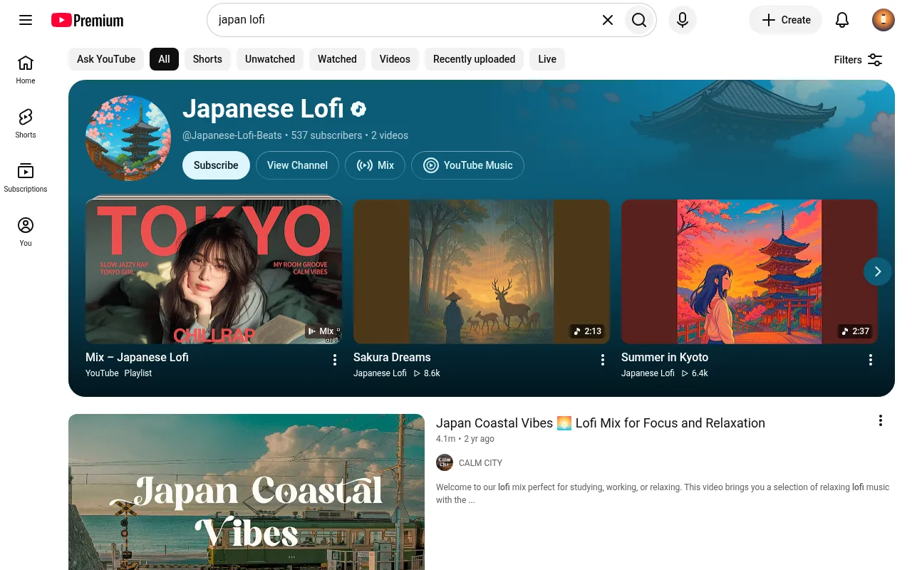 YouTube search results for japan lofi, with a Japanese lofi channel and a long lofi mix
