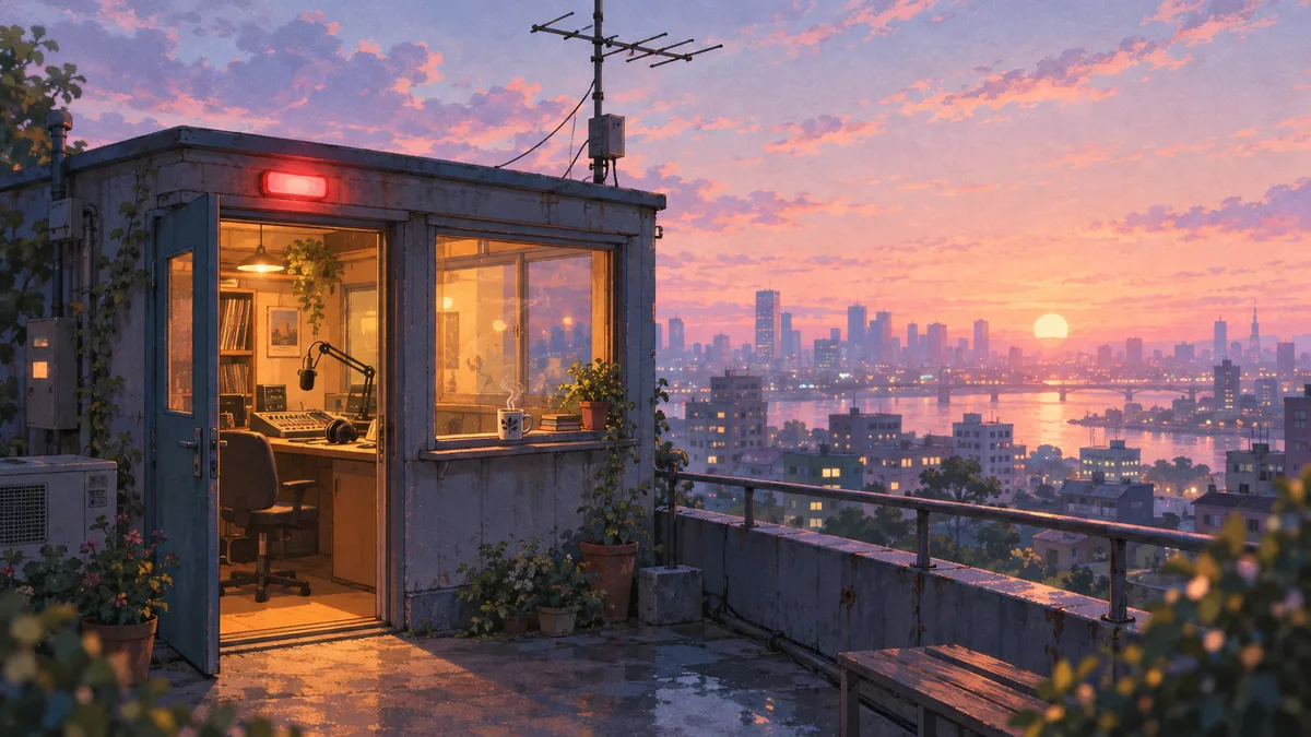 A tiny radio booth on a city rooftop at dawn, its red on-air lamp glowing above the door and a mic and mixing desk inside, while the city wakes below in pink light.