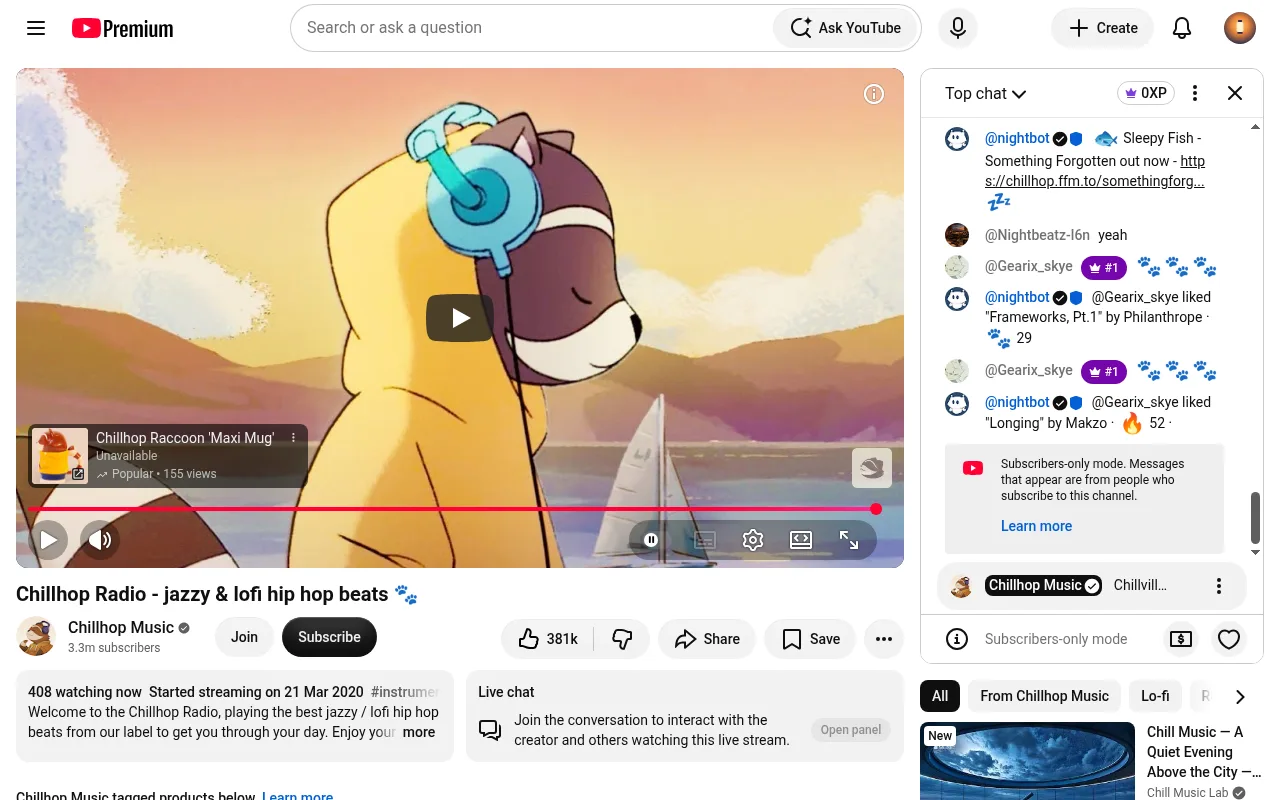 Chillhop Radio streaming live on YouTube with the live chat open beside the video