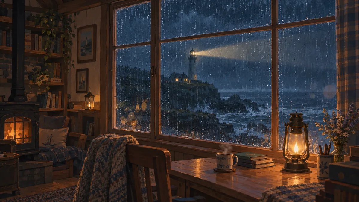 Steady rain streaming down the window of a lighthouse keeper's cottage on a dark coast at night, with the lighthouse beam sweeping through the rain outside.