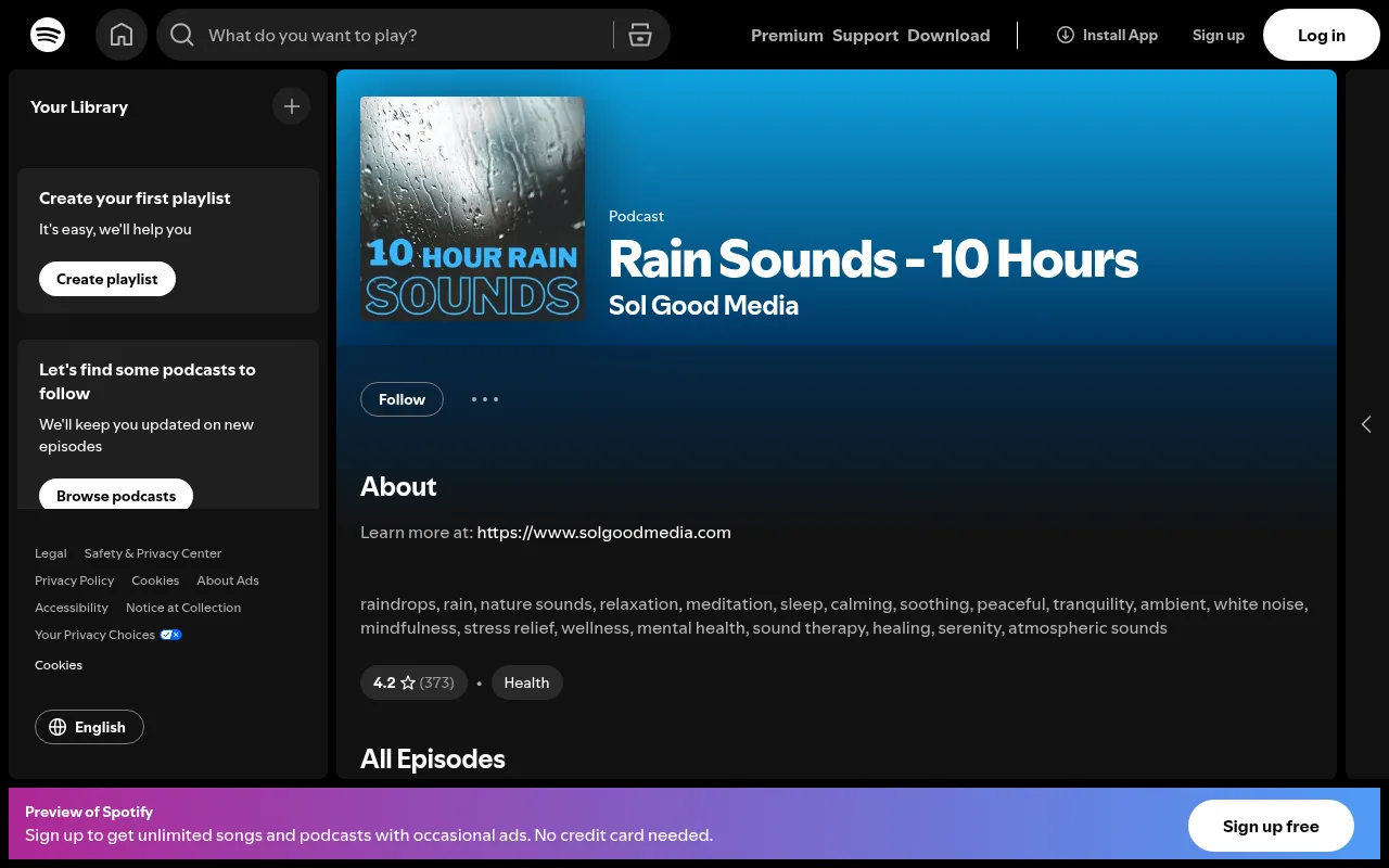 The Rain Sounds - 10 Hours podcast page on Spotify