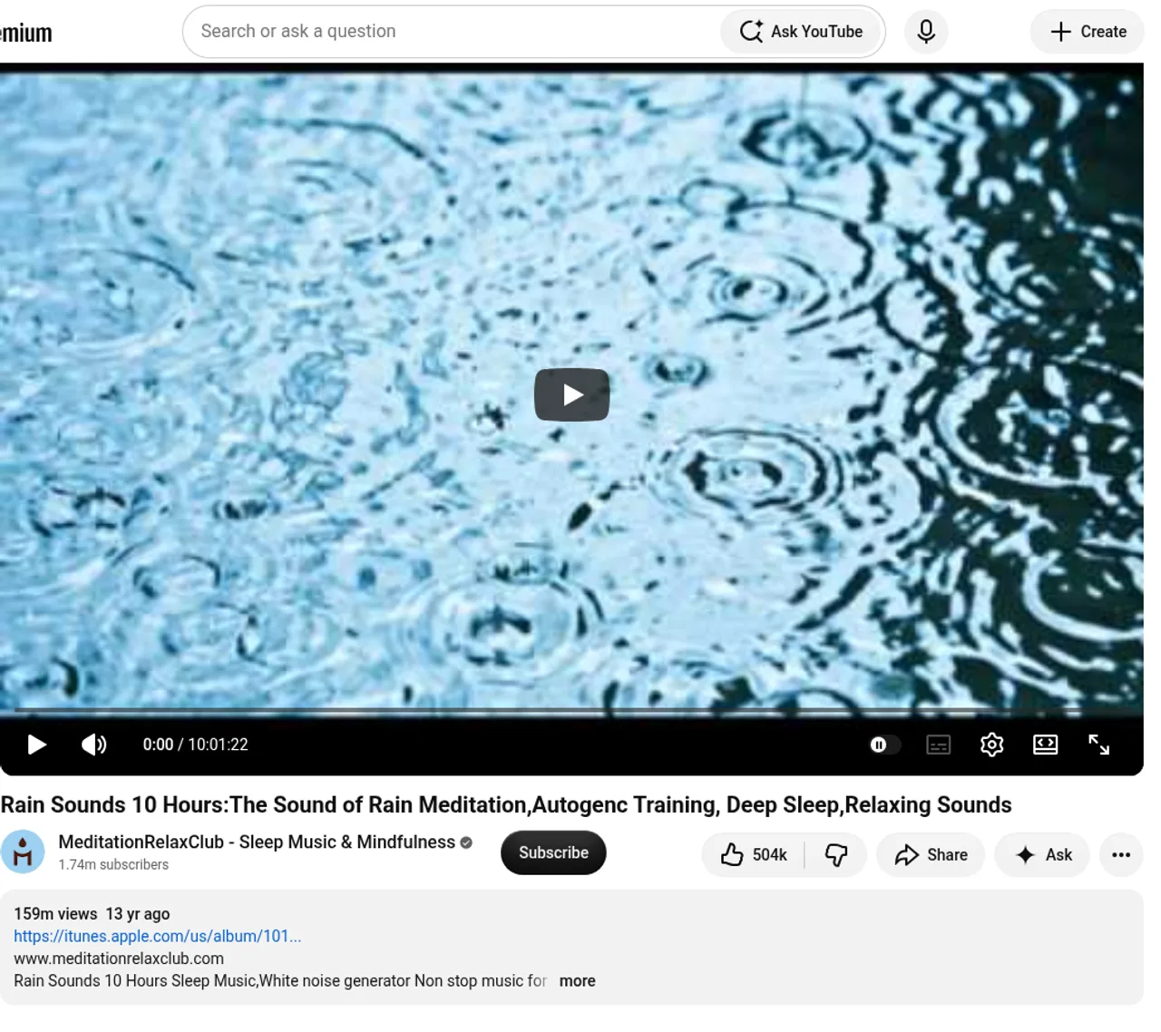 A 10-hour rain sounds video playing on YouTube