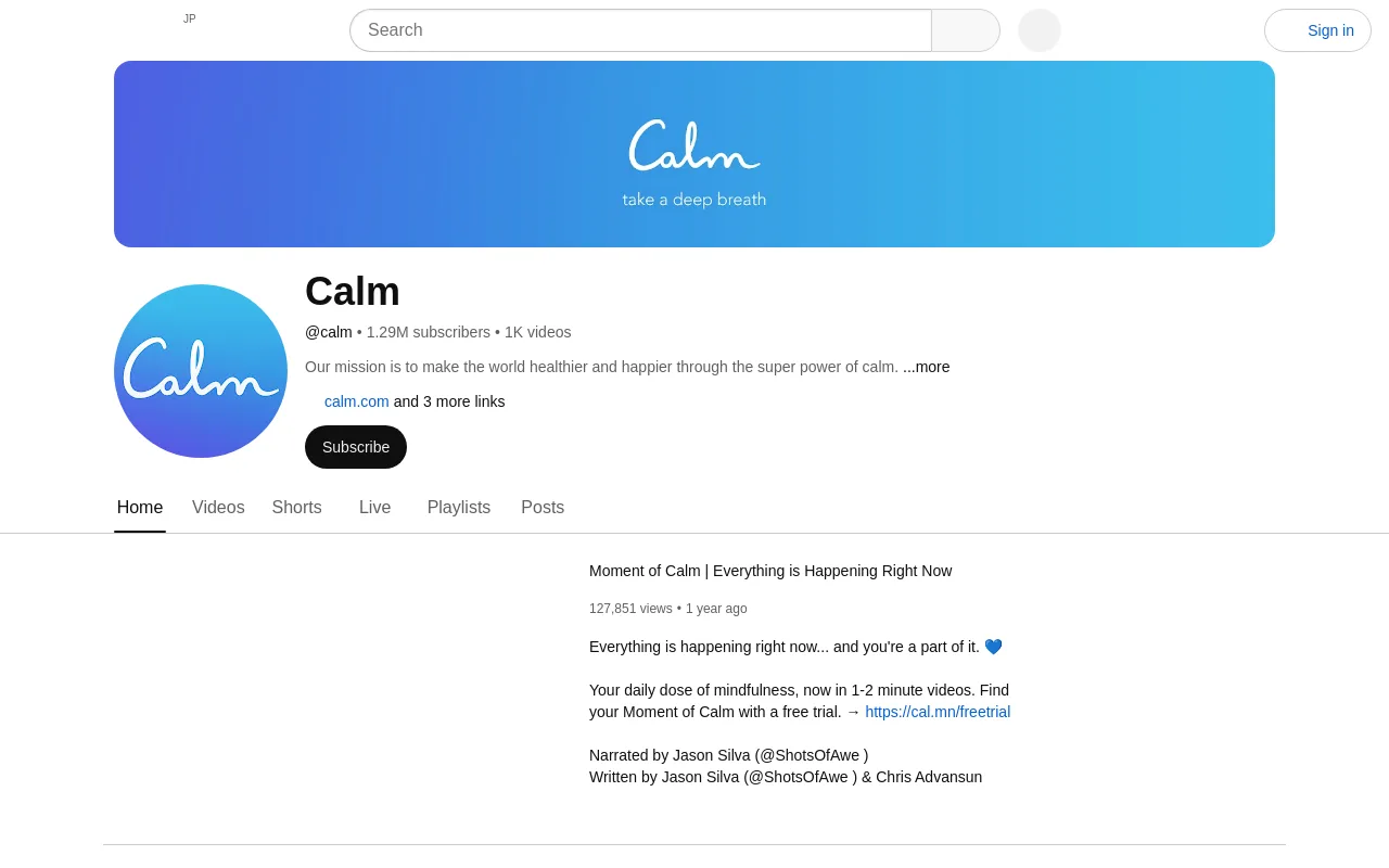 Calm's YouTube channel, home of its eight-hour rainstorm video