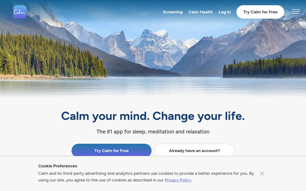 The Calm site presenting its sleep stories and soundscapes