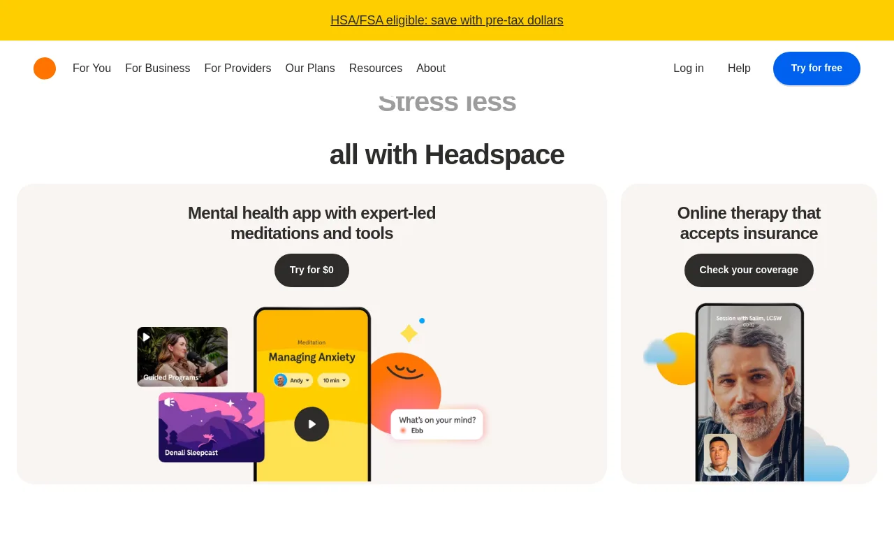 The Headspace site presenting its guided sleep and meditation library