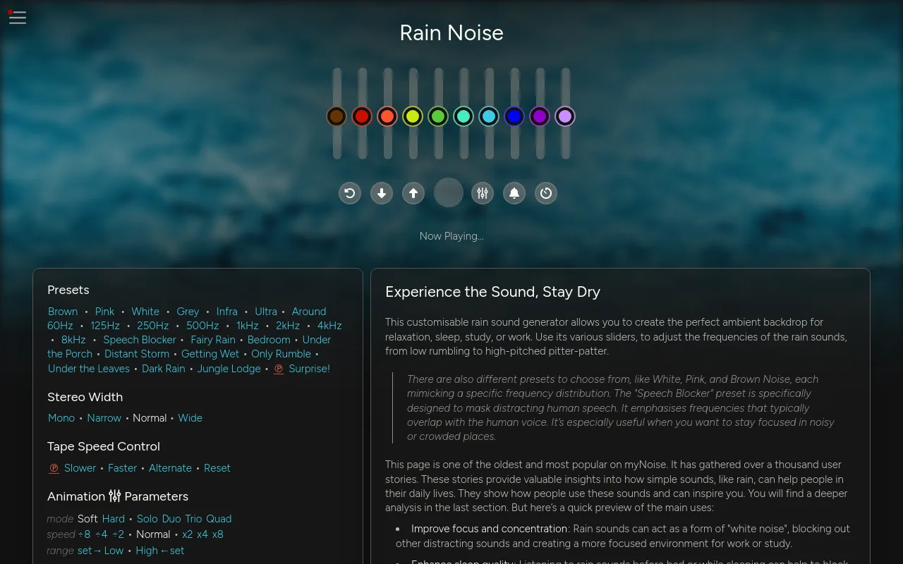 The myNoise rain noise generator and its calibrated frequency sliders