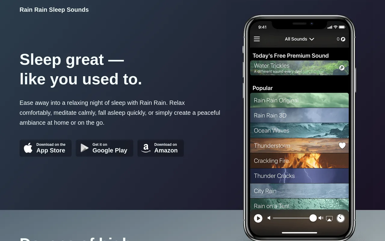 The Rain Rain Sleep Sounds app and its library of rain and nature loops