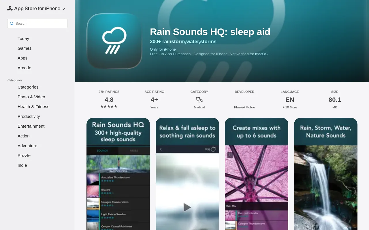 The Rain Sounds HQ App Store listing and its stereophonic rain recordings