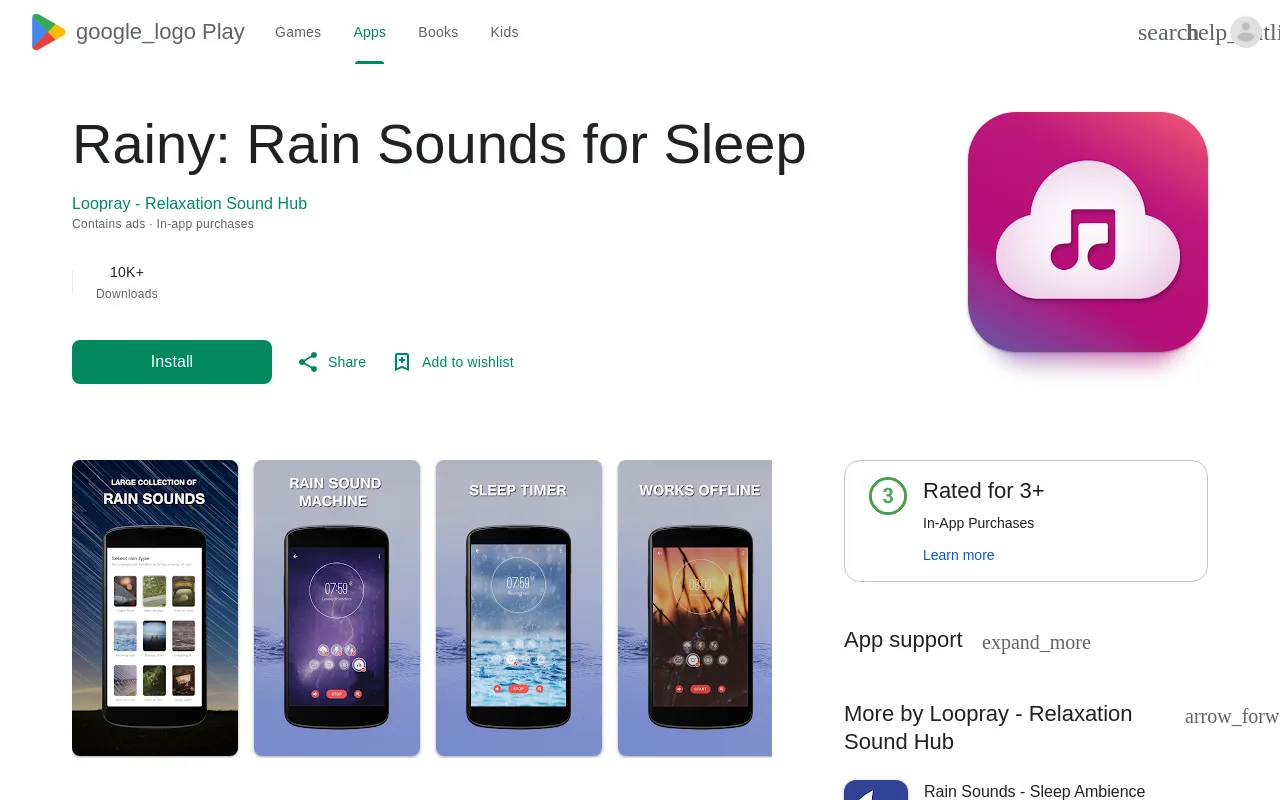 The Rainy by Loopray listing on Google Play showing its offline rain loops