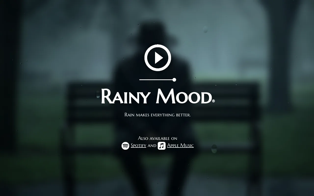 The Rainy Mood website playing its one-tap rain and distant thunder loop