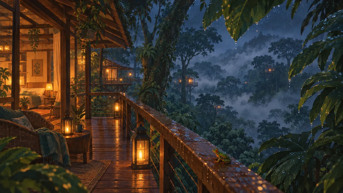 A wooden treehouse deck high in a rainforest canopy at night, rain dripping off giant leaves, mist drifting between the trunks and a small tree frog sitting on the railing.