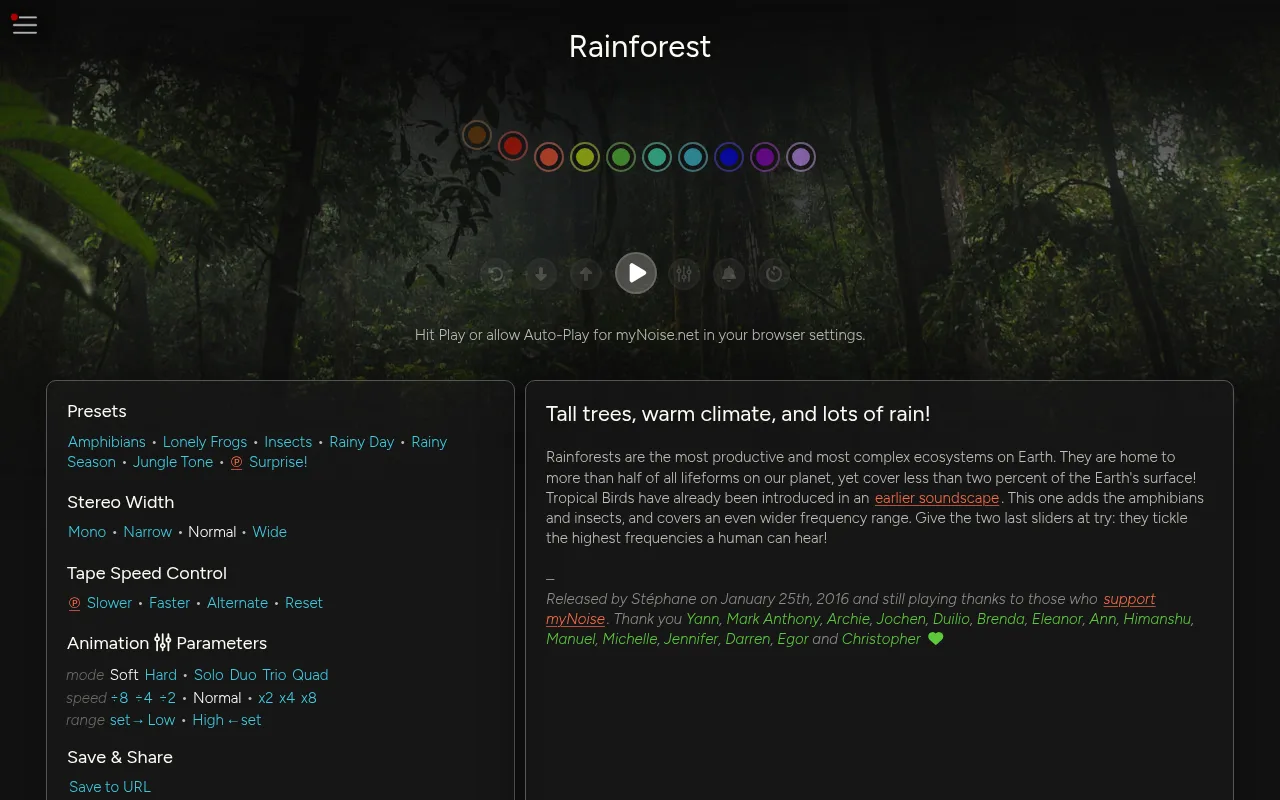 The myNoise Rainforest generator with its sliders and presets like Amphibians, Insects and Rainy Season