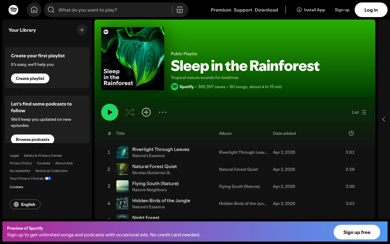Spotify's Sleep in the Rainforest playlist of tropical nature sounds for bedtime