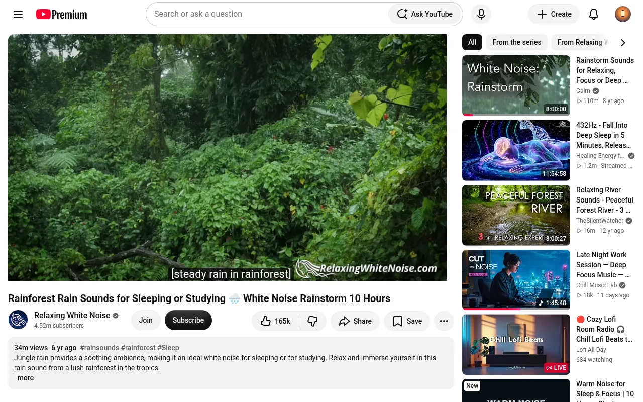 A 10-hour rainforest rain sounds video for sleeping on YouTube