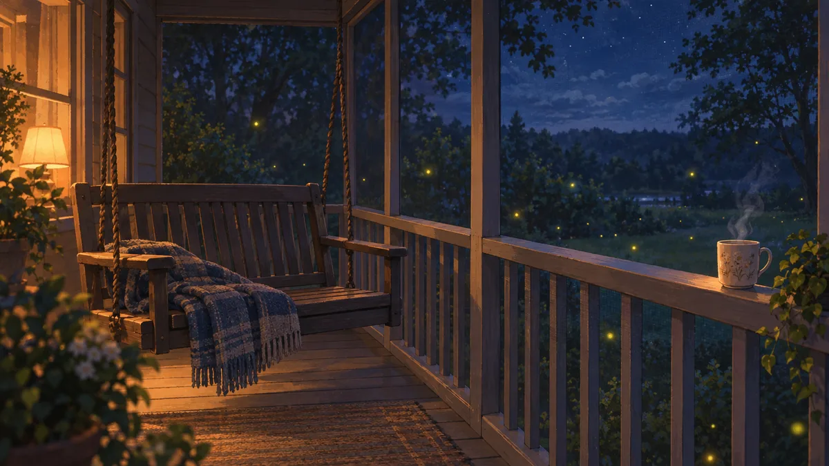 A screened back porch on a summer night, an empty porch swing with a folded blanket, a mug of chamomile on the rail, fireflies over a dark lawn and one warm lamp.