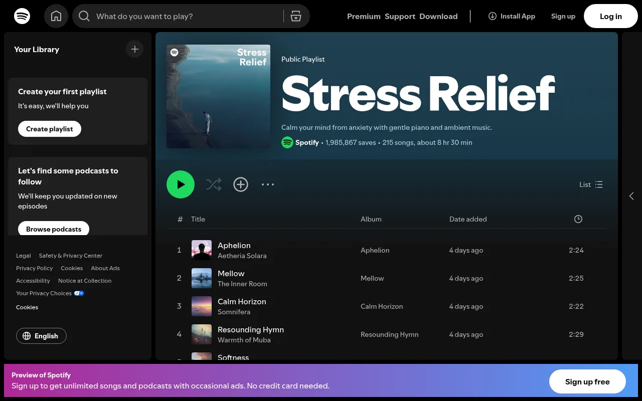 Spotify's Stress Relief playlist of gentle piano and ambient music