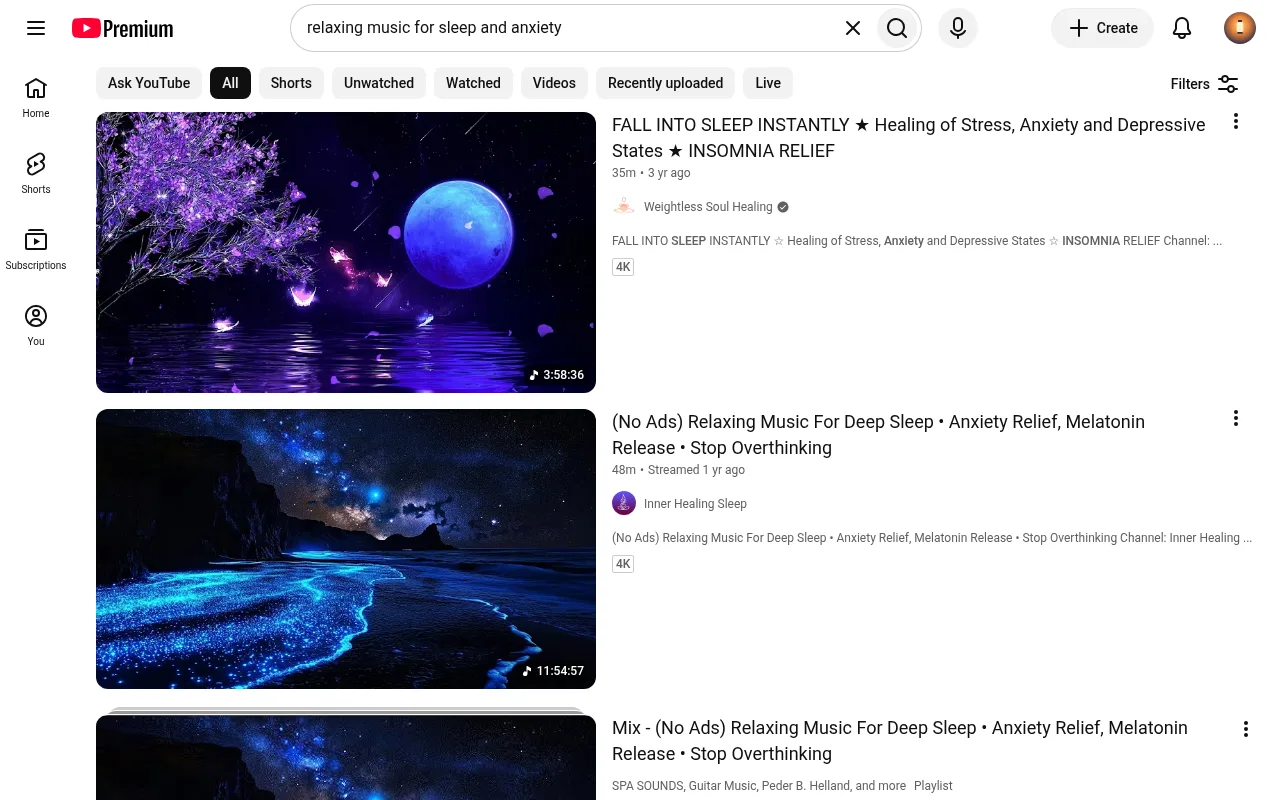 YouTube search results for relaxing music for sleep and anxiety, showing long calming videos
