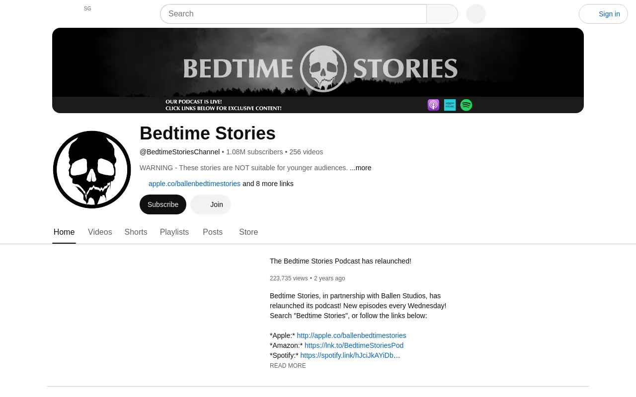 The Bedtime Stories channel on YouTube