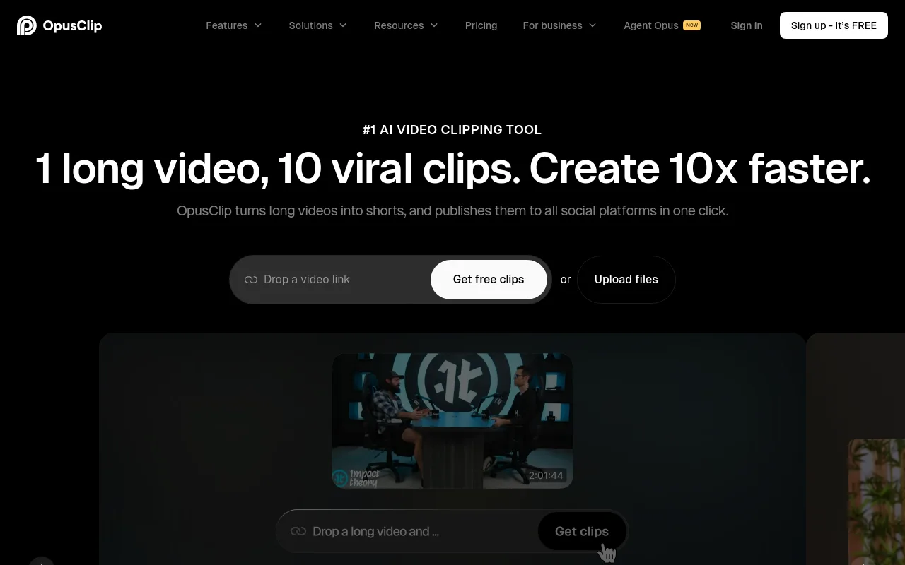 The OpusClip site showing its long-video-to-Shorts clipping workflow