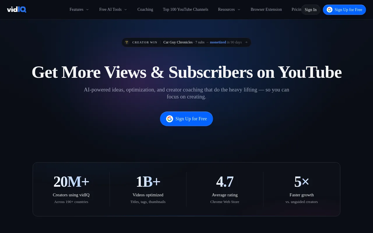 The vidIQ site showing its YouTube keyword and SEO research tooling