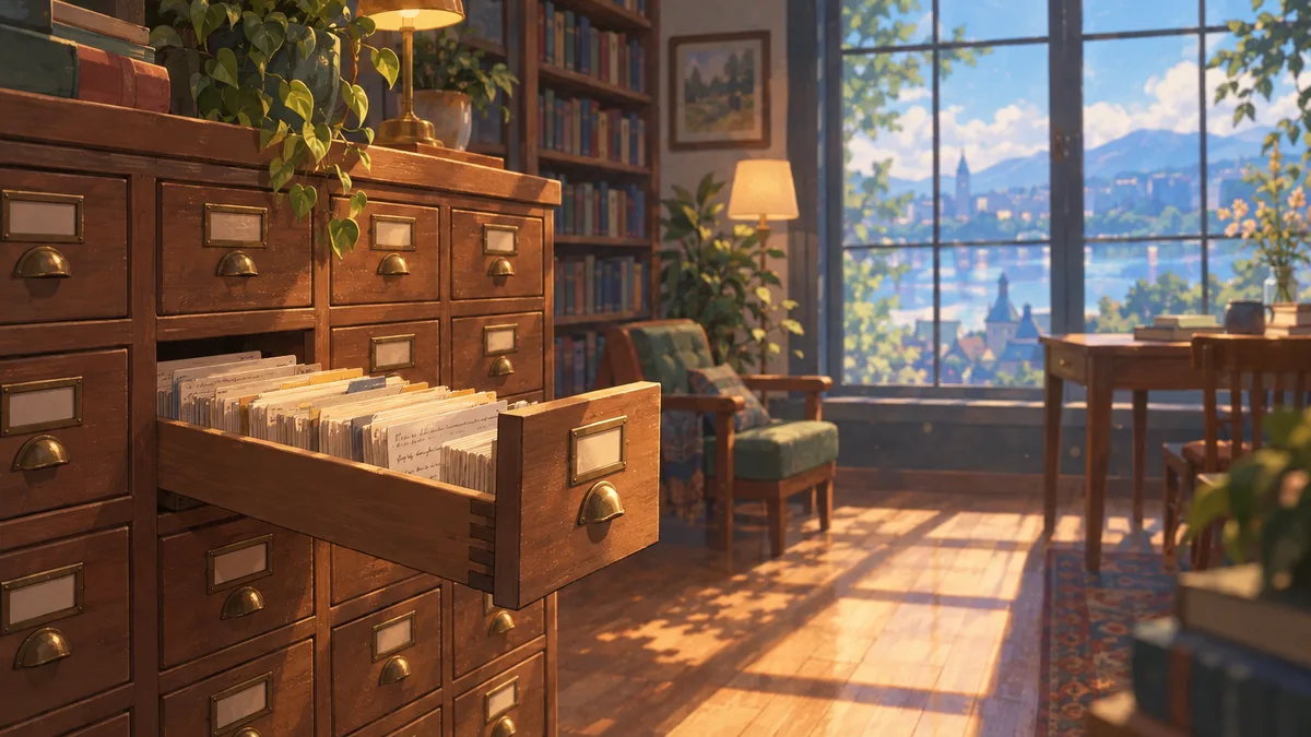 A sunlit reading room with a wooden card catalogue, one drawer pulled open to show rows of neatly handwritten index cards.
