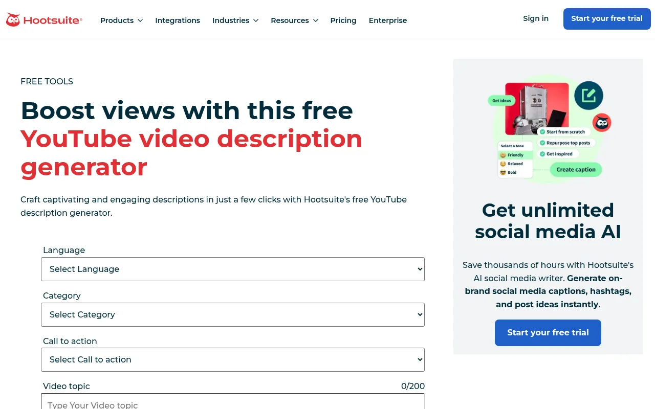 Hootsuite's free YouTube video description generator form