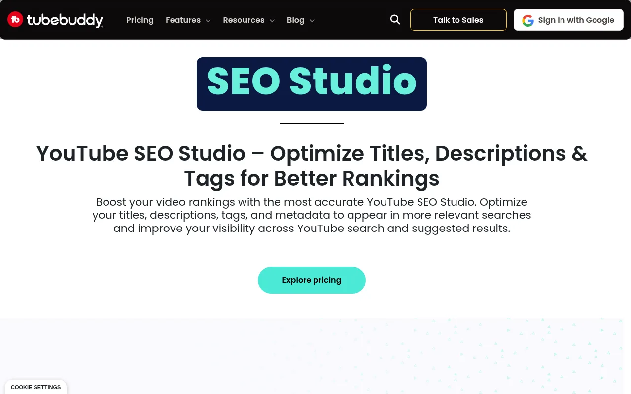 TubeBuddy's SEO Studio page, which optimises titles, descriptions and tags