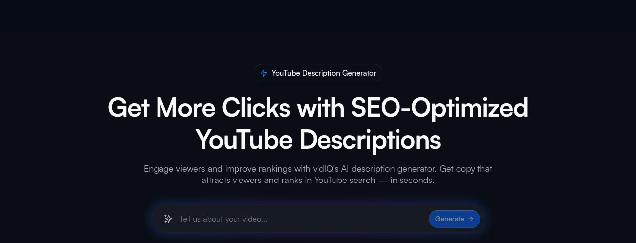 vidIQ's free YouTube description generator, with a box for your video title or topic