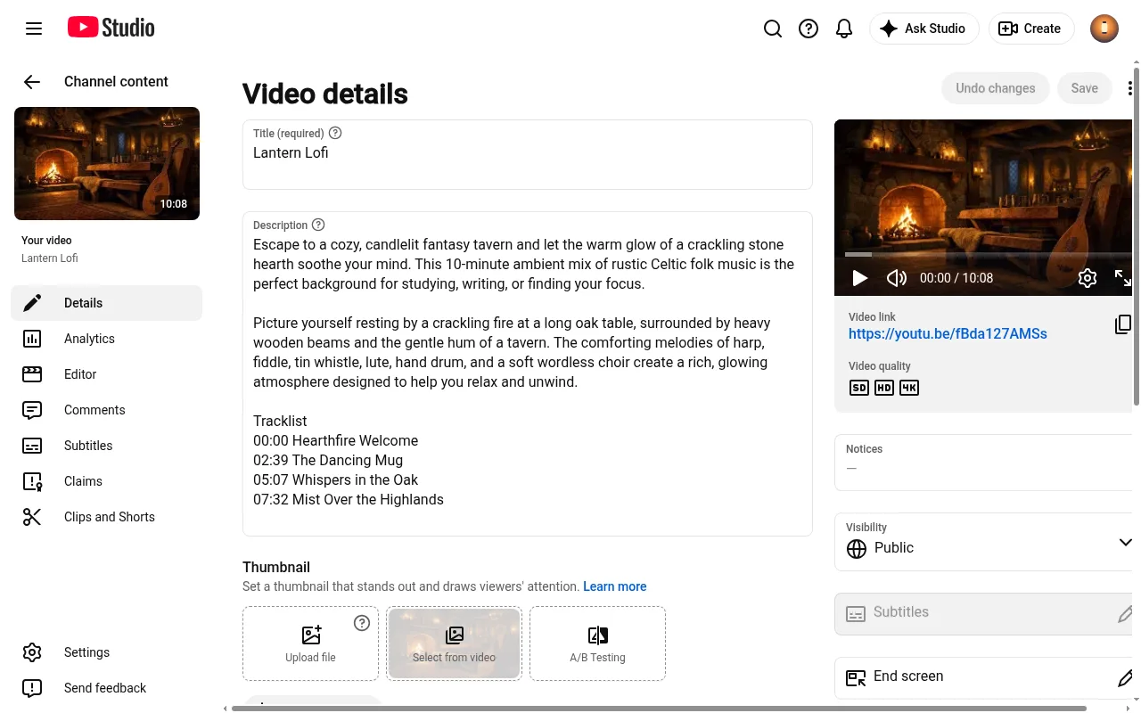 A video's Details page in YouTube Studio, with the Title and Description boxes