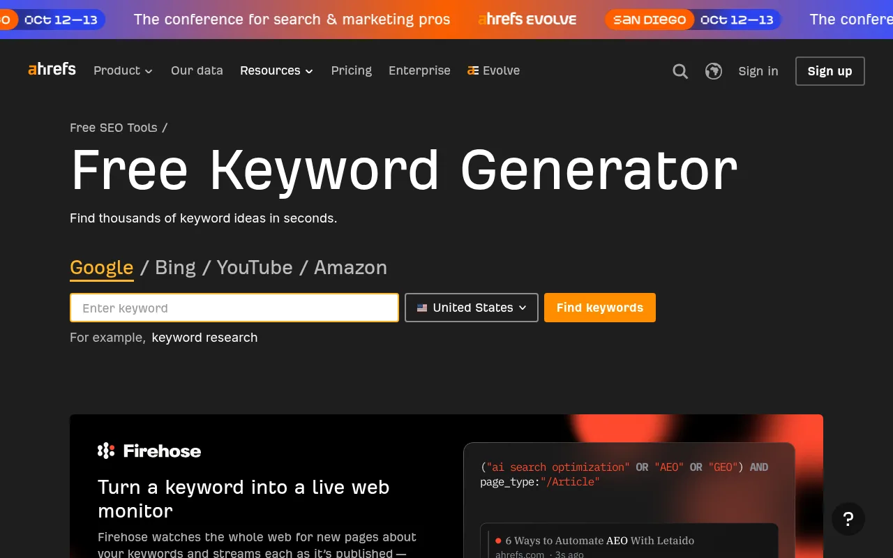 Ahrefs' free keyword generator, with YouTube among the search engines you can choose
