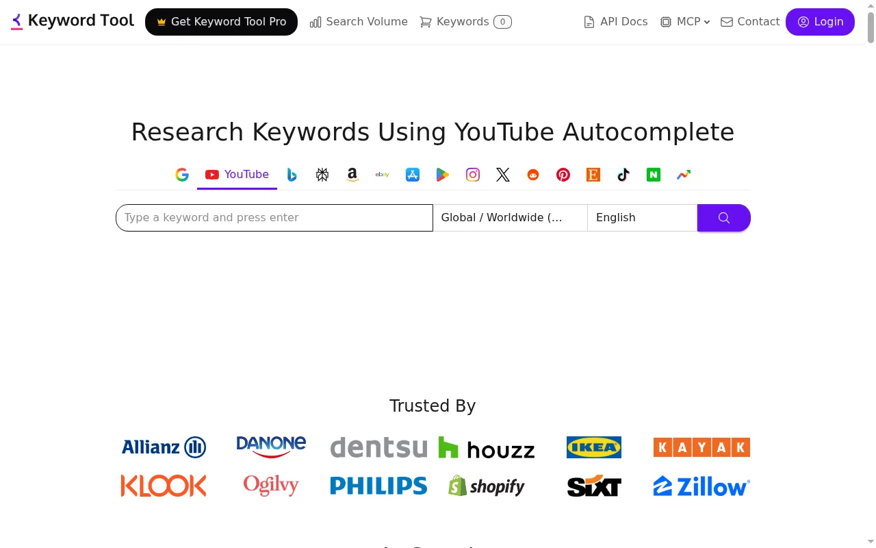 Keyword Tool's free YouTube keyword generator with its search box