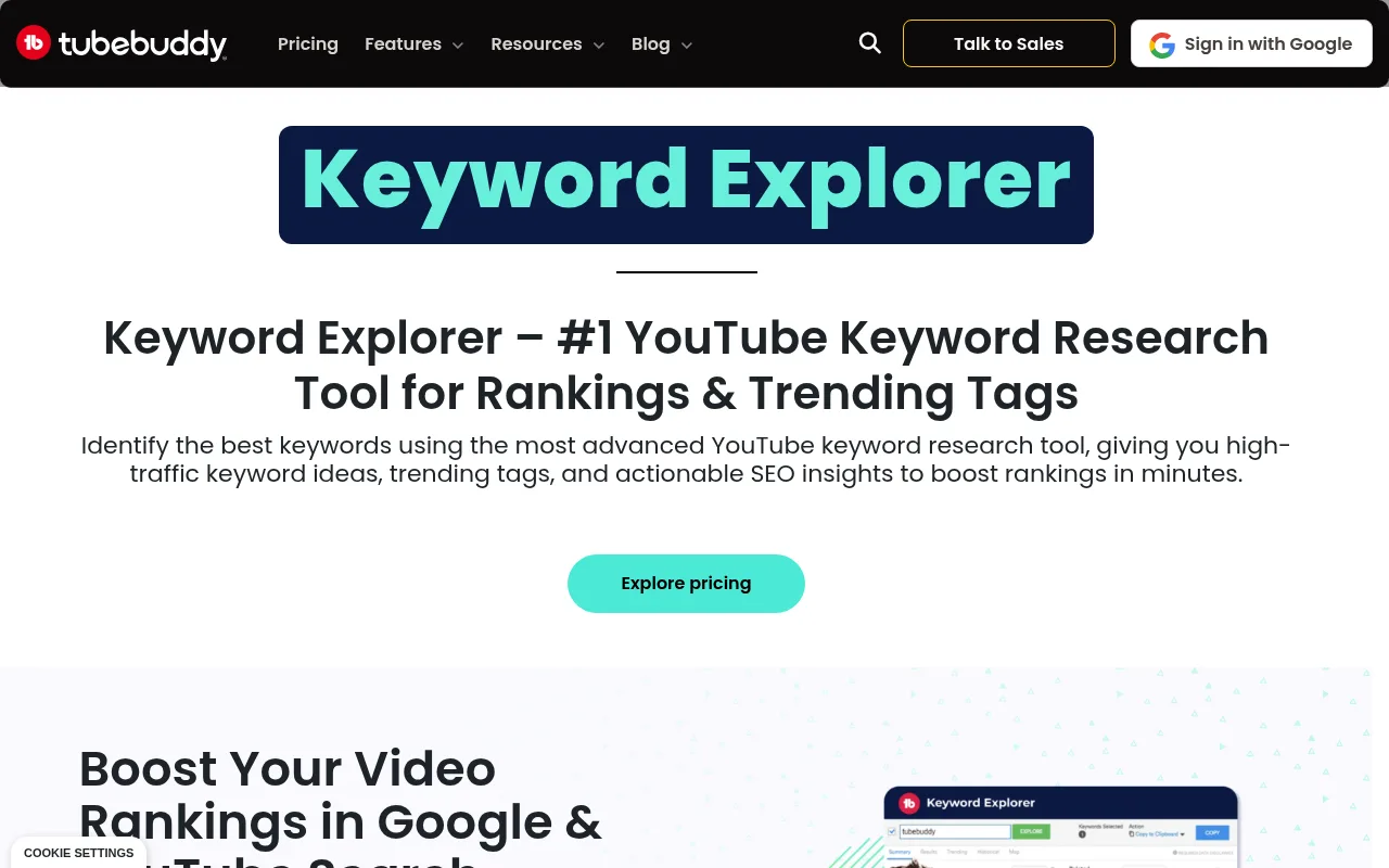TubeBuddy's Keyword Explorer page, which scores keywords by volume and competition