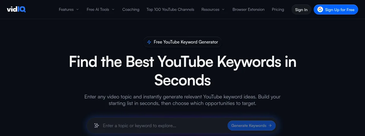 vidIQ's free YouTube keyword generator, with a box for your video topic